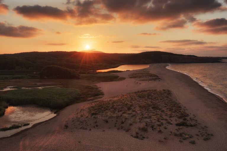 Cloudy summer sunset at Veleka river estuary, Sinemorets village, Bulgaria